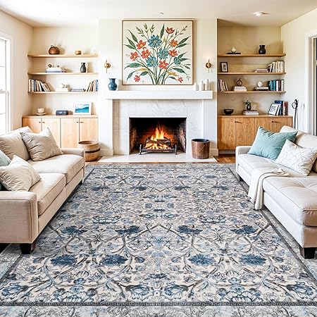 10 x 14 Area Rug - Floral Living Room Area Rug Washable Vintage Rugs Low Pile Non Slip Carpets with Rubber Backing Soft Indoor Thin Rug for Bedroom Dining Room Office 10x14 Blue Cream