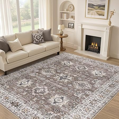 Area Rugs for Living Room: 10x14 Washable Rug Vintage Pattern Large Non-Slip Stain Resistant Soft Durable Floor Carpet for Bedroom, Dining Room, Home Office - Brown